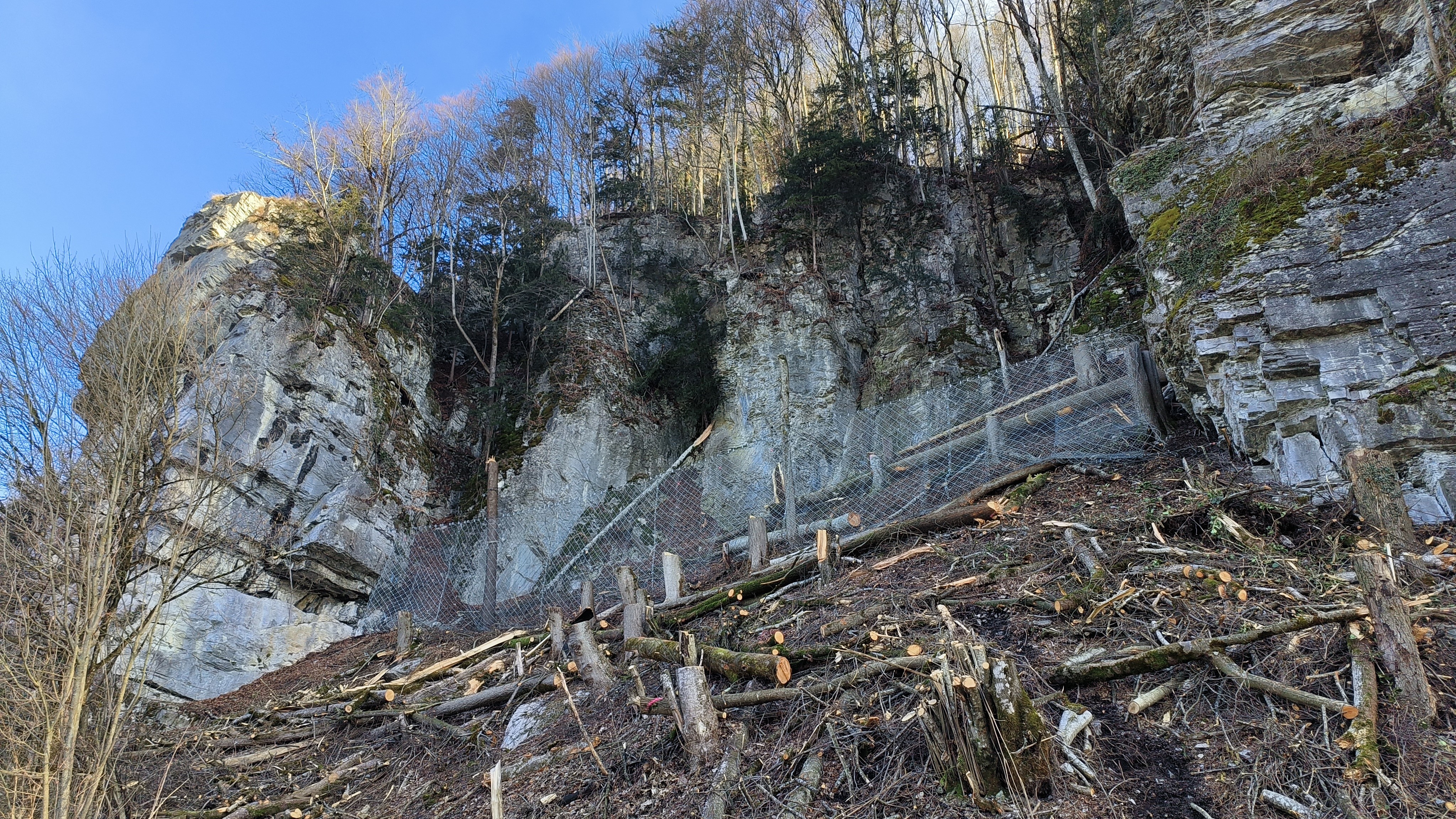 Sofortmassnahme: Temporäre Steinschlagbarriere in Meiringen BE. Grund: der Schutzwald wurde durch einen Waldbrand zerstört.